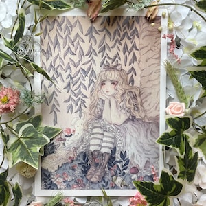 Alices seltsamer Traum | Alice im Wunderland A4 Kunstdruck | Tusche & Aquarell Illustration | Sanfte Farben | Dunkle viktorianisch inspirierte Kunst