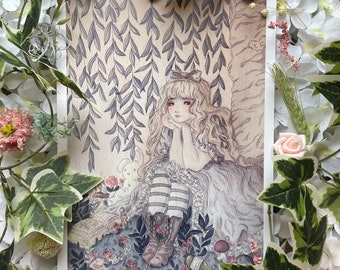 アリスの奇妙な夢 | 不思議の国のアリス A4 アートプリント | インクと水彩のイラスト | ソフトカラー | ダークなビクトリア朝風のアートワーク