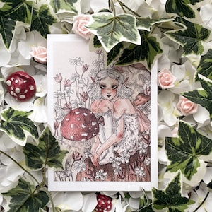 Mushroom Fairy A5 Art Print: Vintage-Inspired Watercolor Illustration