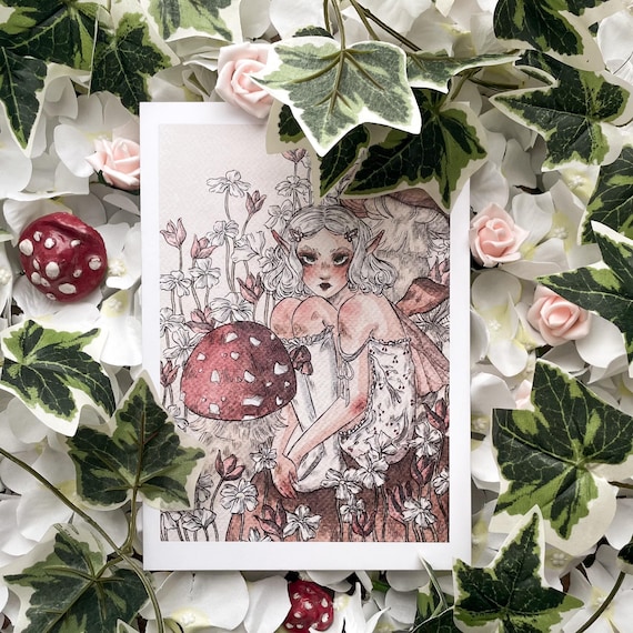 Mushroom Fairy Art Print | Watercolour and Ink Illustration