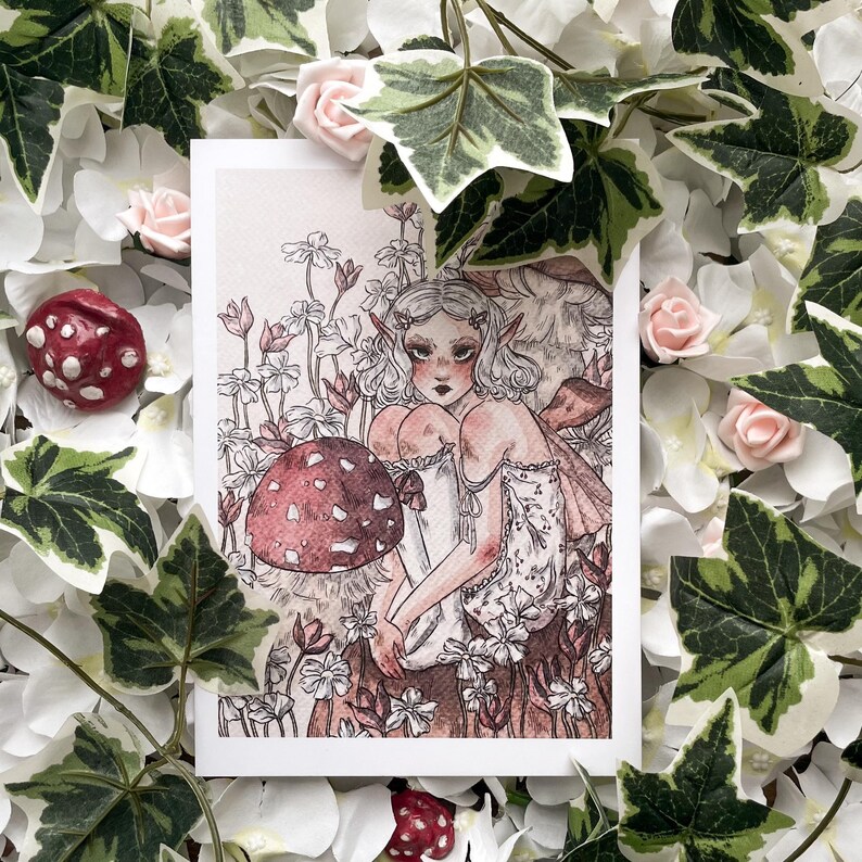 Mushroom Fairy A5 Art Print: Vintage-Inspired Watercolor Illustration