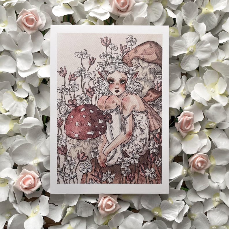 Mushroom Fairy A5 Art Print: Vintage-Inspired Watercolor Illustration