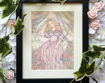 Sleeping Beauty Original A5 Framed Painting | Classic Fairytale Vintage-Inspired Painting | Soft Cottagecore Princess Aurora Fantasy Artwork