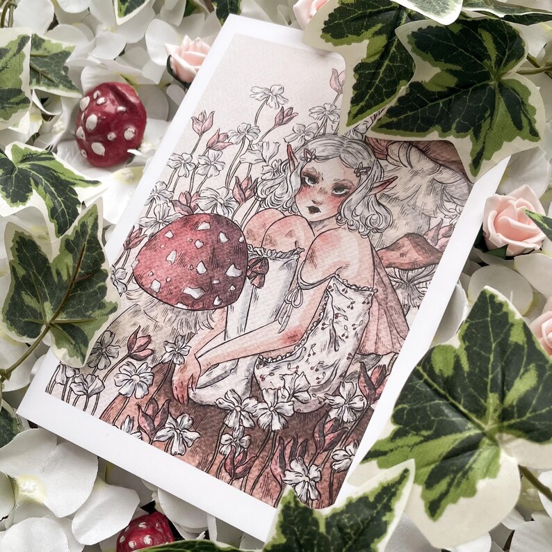 Mushroom Fairy A5 Art Print: Vintage-Inspired Watercolor Illustration