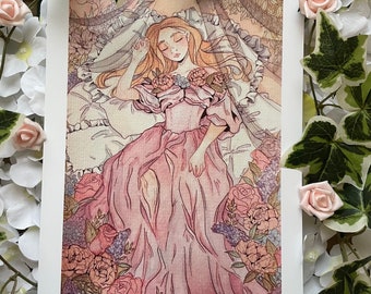 眠れる森の美女 A4 水彩 & インク アート プリント | クラシックなおとぎ話のヴィンテージ風イラスト | オーロラ姫コテージコア ファンタジー プリント