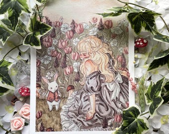 Alice in Wonderland Art Print | Vintage-Style Alice and White Rabbit Illustration