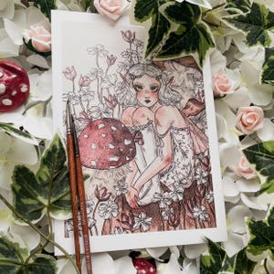 Mushroom Fairy A5 Art Print: Vintage-Inspired Watercolor Illustration
