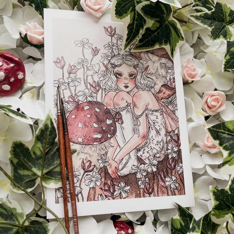 Mushroom Fairy A5 Art Print: Vintage-Inspired Watercolor Illustration