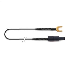 May include: A black electrical cable featuring a gold-colored spade terminal on one end and a black cylindrical pin connector on the other. The cable includes heat-shrink tubing labeled with the text T-Parts | Massa | Spade and T-Parts | Massa | Pin.