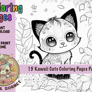 Kawaii cats Coloring Pages: 15 amazing kittens for adults and children (Printable, PNG instant downloads) Digital Product