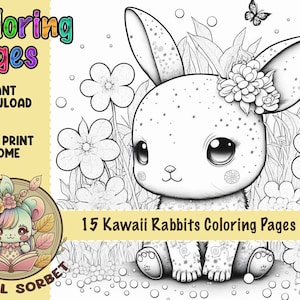 Kawaii Rabbits Coloring Pages: 15 amazing rabbit for adults and children (Printable, PNG instant downloads) Digital Product