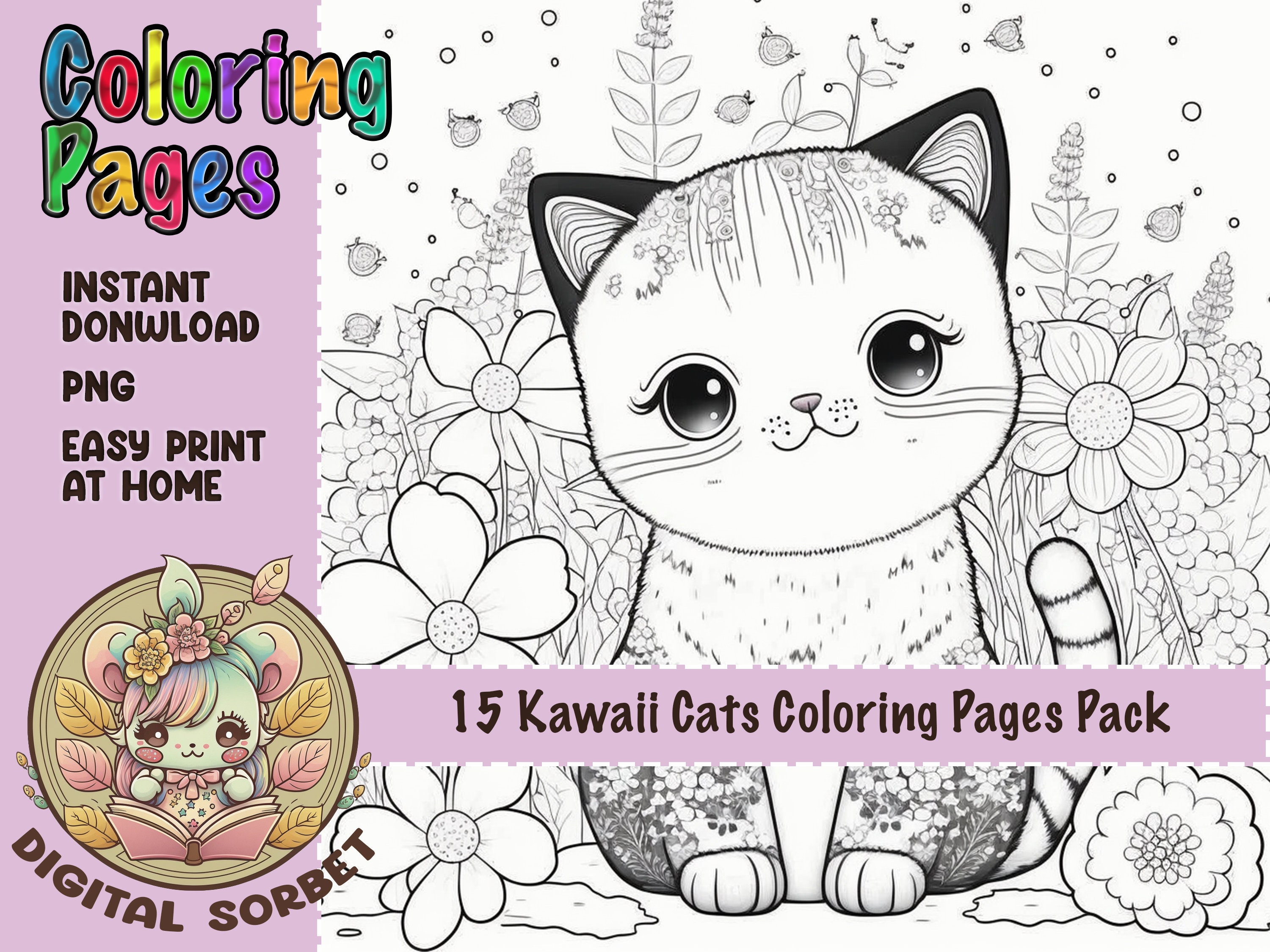 Kawaii Cats Coloring Pages: 15 Amazing Kittens for Adults and - Etsy