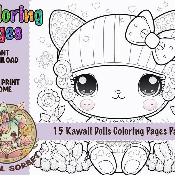 Kawaii Dolls coloring Pages: 15 cute illustrations for adults and children (Printable, PNG instant downloads) Digital Product