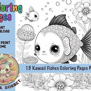 Kawaii Fish Coloring Pages: 15 cute fish for adults and children (Printable, PNG instant downloads) Digital Product