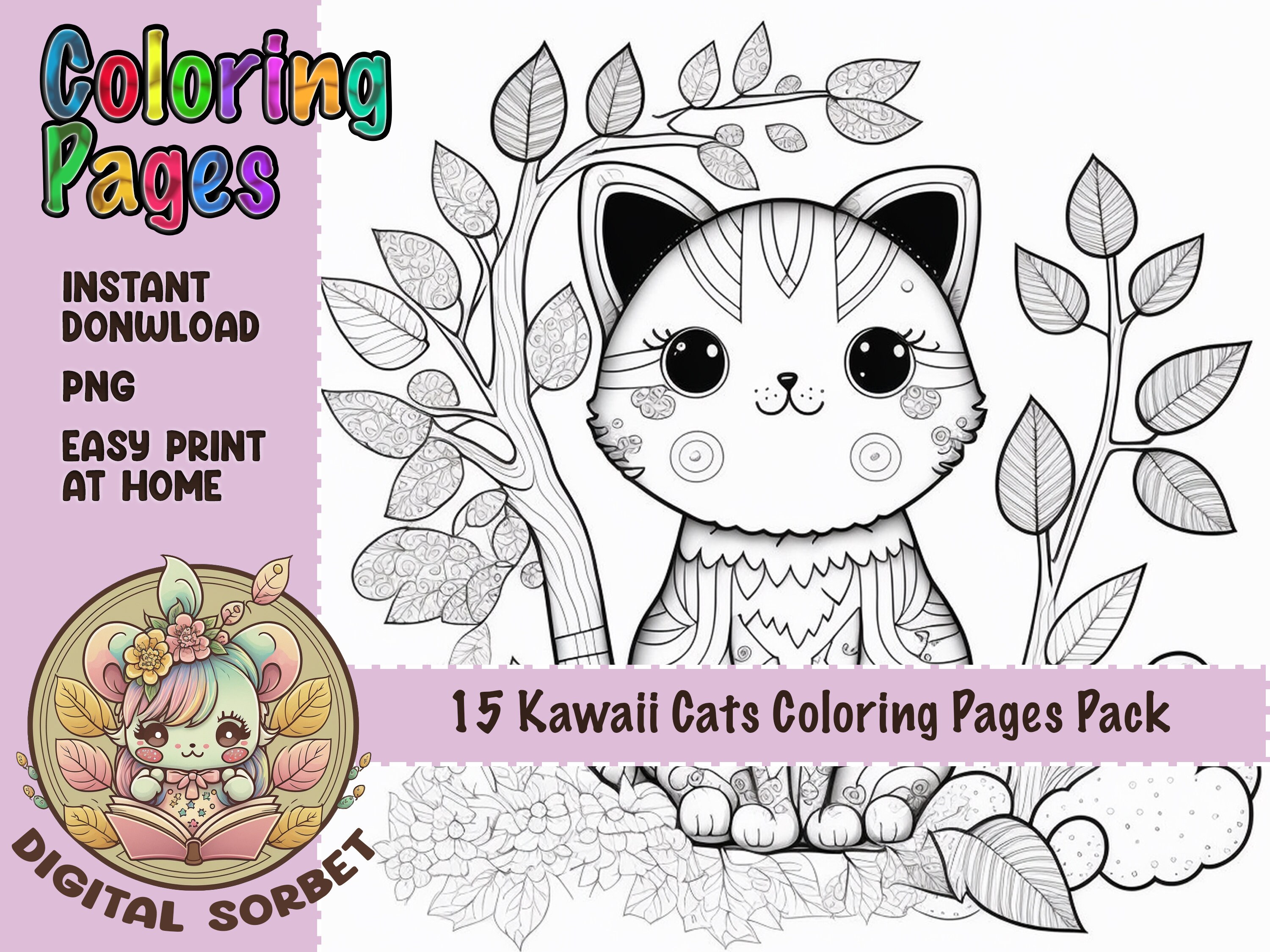 Kawaii Cats Coloring Pages: 15 Amazing Kittens for Adults and - Etsy