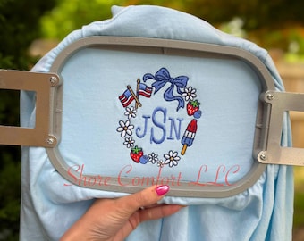 Patriotic Monogram Frame Embroidery Design | American Flag and Fruit Embroidery File | Fourth of July | Digital Download | PES DST