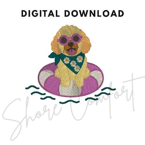 May include: An embroidery design of a golden puppy wearing purple sunglasses and a dark green bandana with white daisies, sitting inside a pink and white striped pool float. The text DIGITAL DOWNLOAD appears at the top of the image.