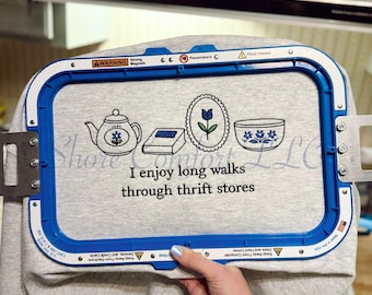Vintage Thrift Store Embroidery Design | Retro Thrifting Quote Machine Embroidery File | Cozy Digital Download | Teapot Book Bowl| PES DST |