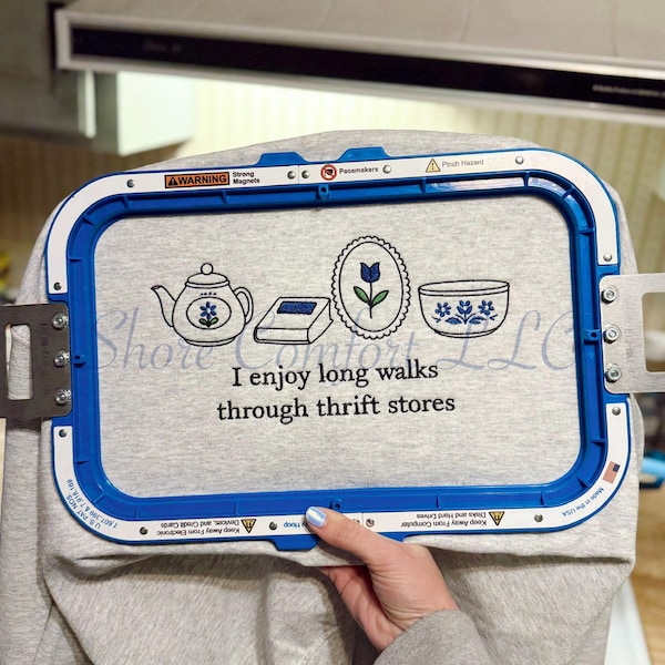 Vintage Thrift Store Embroidery Design | Retro Thrifting Quote Machine Embroidery File | Cozy Digital Download | Teapot Book Bowl| PES DST |