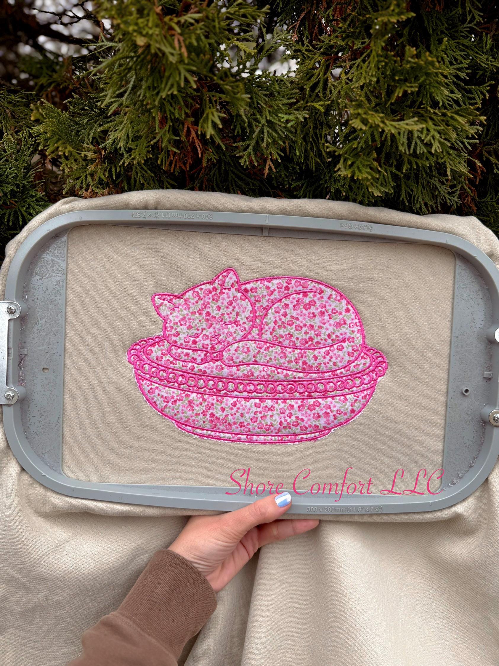 Glass Cat Applique Embroidery Design | Vintage Cat Bowl Embroidery File ...