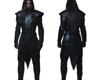 May include: A person wearing a black leather costume with a long, flowing cape and intricate detailing. The costume features a high collar, long sleeves, and a fitted bodice. The person is standing with their arms at their sides, and their hair is long and dark.