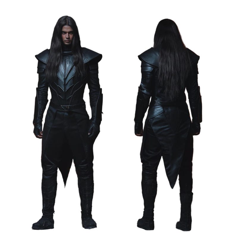 Pu&ograve; includere: Una persona che indossa un costume in pelle nera con un lungo mantello fluido e dettagli intricati. Il costume presenta un colletto alto, maniche lunghe e un corpetto aderente. La persona &egrave; in piedi con le braccia lungo i fianchi e i capelli lunghi e scuri.