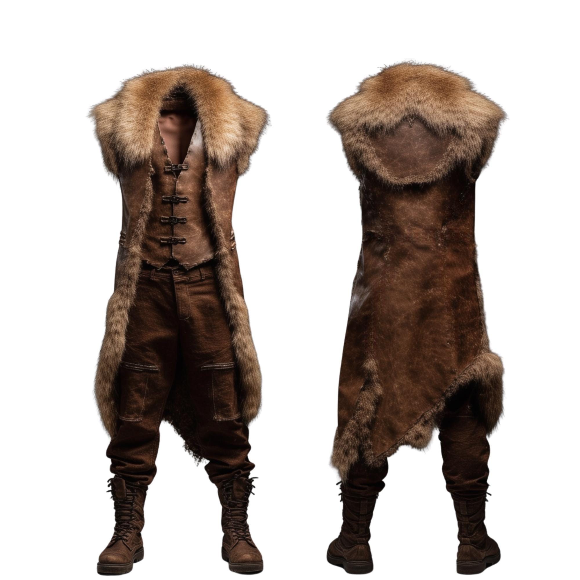 Handmade Cow Leather Medieval Long Coat with Fur- Viking Warrior Costume - Barbarian Warrior Costume with Medieval Pants and Boots