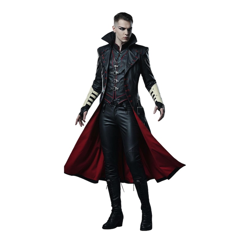 May include: A black leather coat with a red interior and a high collar. The coat features decorative stitching and a matching vest. The sleeves have white and black striped accents. The outfit includes black leather pants and boots.