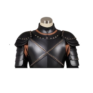 May include: Black leather armor with gold studs. The armor has a chest plate and shoulder pads.