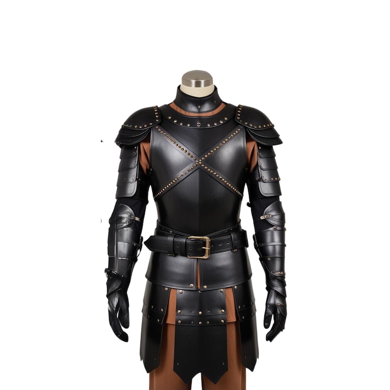 May include: Black leather armor with studded details. The armor includes a chest piece, shoulder pads, gauntlets, and a belt.