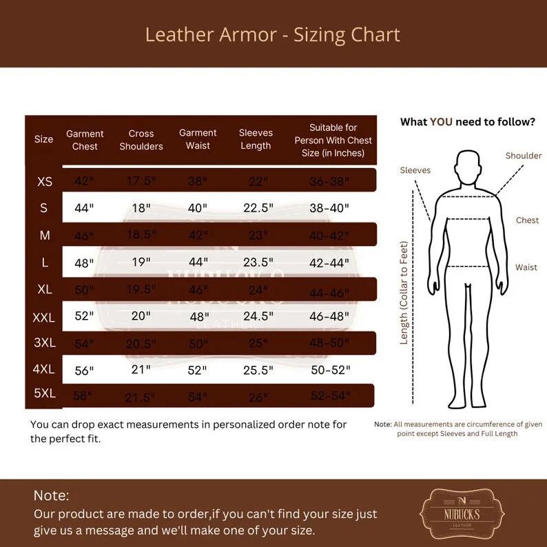 May include: Leather armor sizing chart with measurements in inches for chest, shoulders, waist, and sleeve length. The chart includes a diagram of a person with labels for chest, waist, and shoulder.