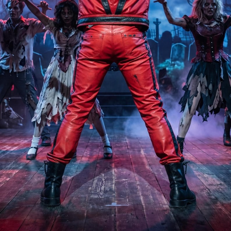May include: Bright red leather pants featuring a black vertical stripe down each leg, a black waistband, and back pockets. The pants are paired with black leather lace-up boots, showcasing a bold, structured design with visible stitching details.