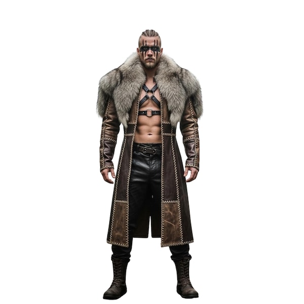 Könnte beinhalten: Ein langer, brauner Ledermantel mit Fellbesatz um die Schultern. Der Mantel hat ein Patchwork-Design mit sichtbaren Nähten. Die Person auf dem Bild trägt eine schwarze Hose und Stiefel. Der Mantel hat einen Brustgurt.