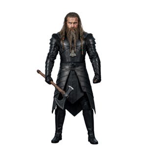 May include: A person in a black leather costume with a long beard, holding a battle axe. The costume includes a chest plate, shoulder pads, and a belt. The axe has a wooden handle and a silver blade. The person is wearing black boots.