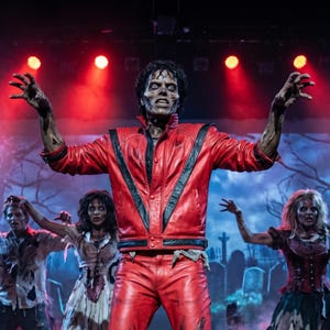 May include: A performer dressed as a zombie wearing a bright red leather jacket with black V-shaped accents and matching red leather pants, standing with arms raised in a claw-like pose, surrounded by other performers in tattered zombie costumes.