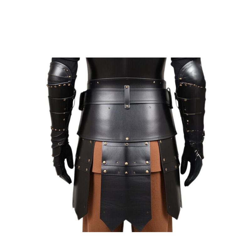 May include: Black leather armor with a skirt and arm guards. The armor has a belt with a buckle and is decorated with metal studs.