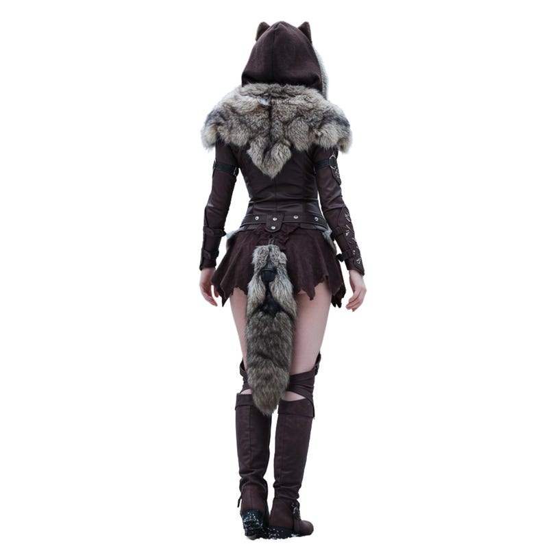 May include: A brown faux leather costume with a hooded top, fur trim, and a matching skirt. The costume includes a belt, arm cuffs, knee-high boots, and a faux fur tail. The hood has wolf ears.