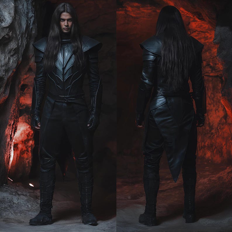 Pu&ograve; includere: Una persona indossa un costume in pelle nera con una lunga parrucca nera. Il costume presenta un lungo mantello fluido e dettagli intricati. La persona &egrave; in piedi in un ambiente buio e cavernoso.