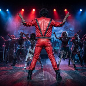 May include: A performer stands center stage wearing a bright red leather jacket and matching red leather pants with black accents, arms raised in a claw-like pose. They are surrounded by a group of dancers in tattered, distressed costumes.