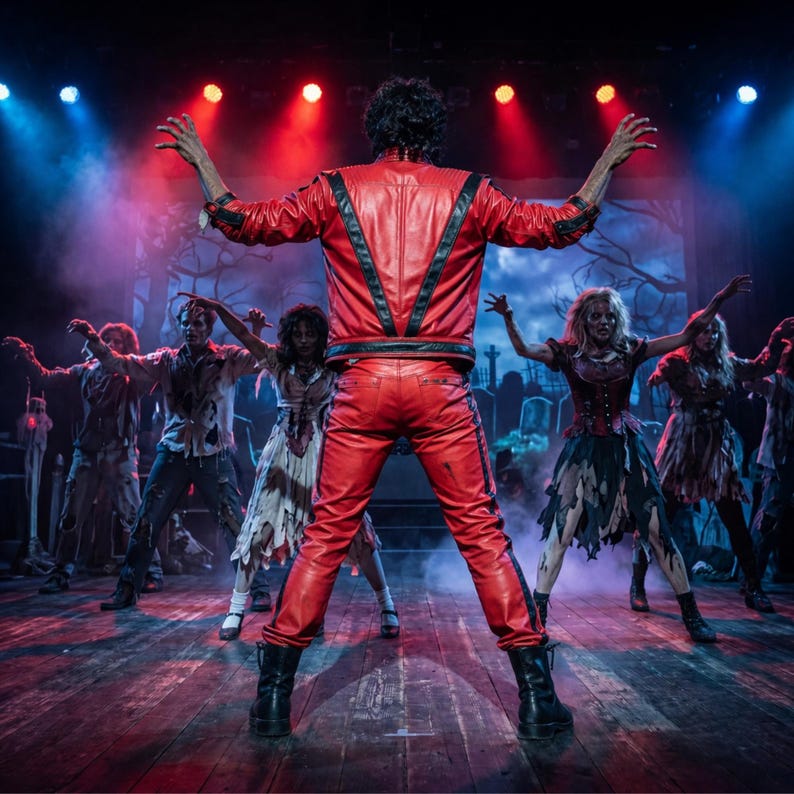May include: A performer stands center stage wearing a bright red leather jacket and matching red leather pants with black accents, arms raised in a claw-like pose. They are surrounded by a group of dancers in tattered, distressed costumes.