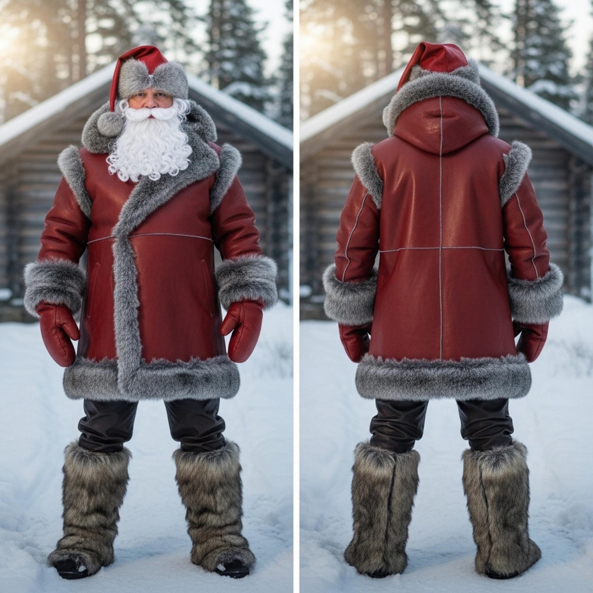 Handmade Viking Santa Coat - Red Leather Coat With Fur - Nordic