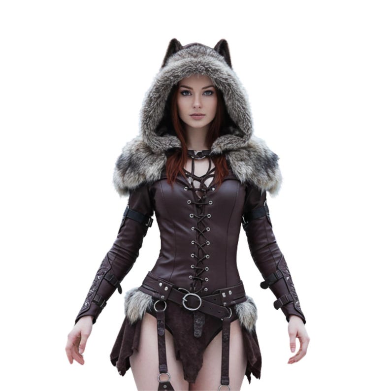 May include: A brown leather outfit with a wolf-eared hood and fur trim. The bodice features a lace-up front, and the outfit includes a belt with a large buckle and garter straps. The sleeves are long, and the outfit has a skirt.