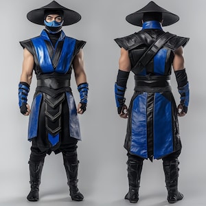 May include: A blue and black leather costume with a wide-brimmed hat and a mask. The costume features a vest with a belt and a long skirt.