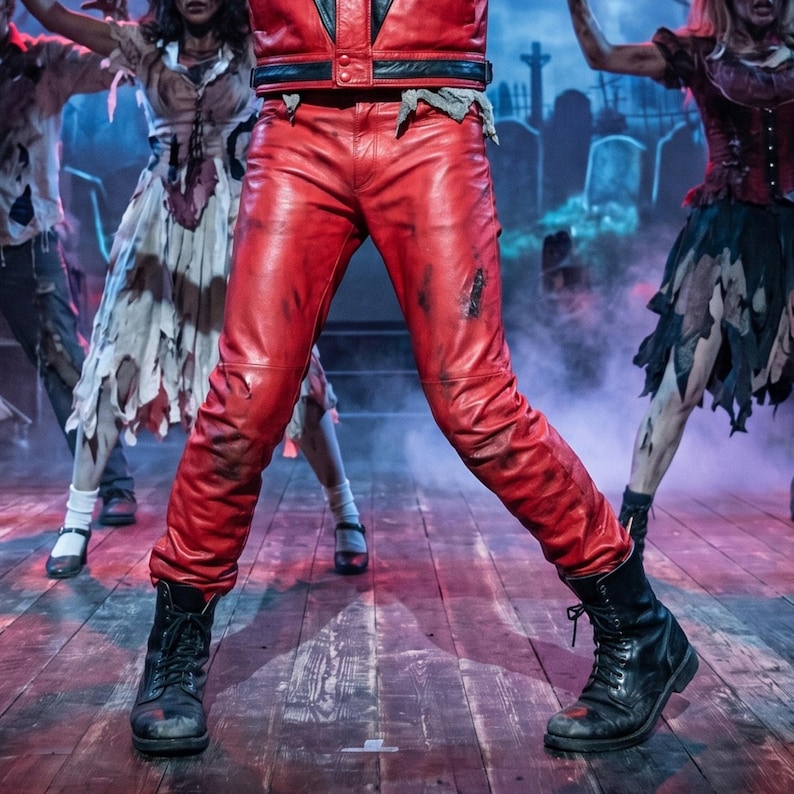 May include: Bright red leather pants with a black waistband and black lace-up boots. The pants feature a slim-fit design with visible distressed markings and scuffs on the surface, worn by a performer on a wooden stage floor.