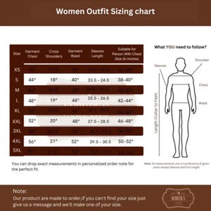 May include: A brown chart titled "Women Outfit Sizing chart" with measurements in inches. The chart includes sizes XS to 5XL, detailing garment chest, shoulders, waist, and sleeve length. A diagram illustrates how to measure the body for accurate sizing.