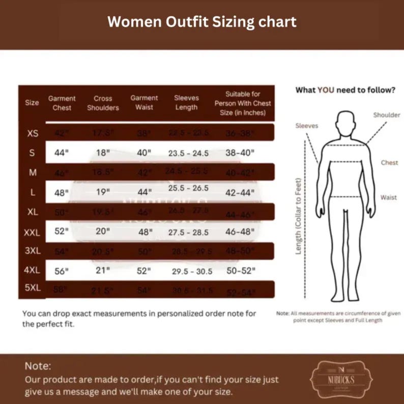 May include: A brown chart titled "Women Outfit Sizing chart" with measurements in inches. The chart includes sizes XS to 5XL, detailing garment chest, shoulders, waist, and sleeve length. A diagram illustrates how to measure the body for accurate sizing.