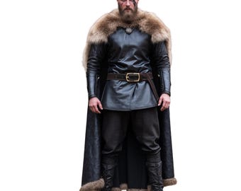 Handmade Leather Viking Costume: Fur Cloak, Armor & Renaissance Pants