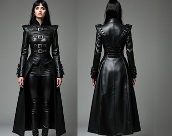 Trench coat gotico in pelle nera: costume da vampiro steampunk