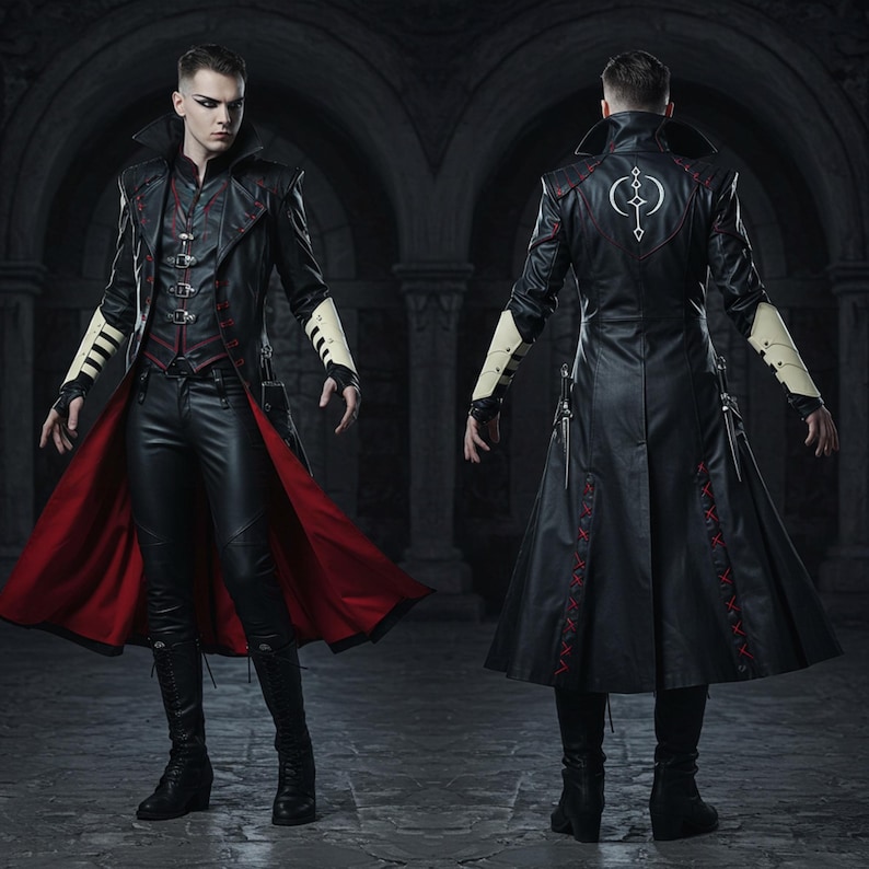 May include: A black leather coat with red lining and accents, paired with matching pants and boots. The coat features a high collar, decorative stitching, and white arm cuffs. The back of the coat has a white emblem.