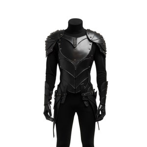 May include: Black leather armor with a studded design. The armor includes a chest piece, shoulder pads, and gauntlets.